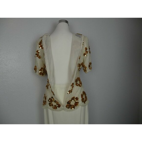 Vintage Stenay Blouse Womans  M 100% Silk Gold Sequin Beaded Top Cream Short Slv - Picture 12 of 12